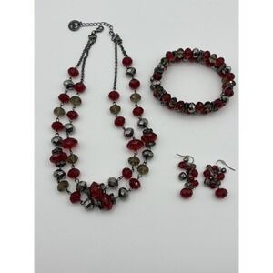 Beaded Jewelry‎ Set 3 Piece Red Faceted Necklace Bracelet Earrings Gunmetal Drop